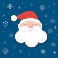 Flat christmas illustration with smiling Santa on dark blue background with snowflakes. vector