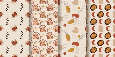 Aesthetic patterns. Boho patterns. Set of seamless pattern with  rainbows, moon, sun, leaves, dots and abstract shapes in boho and aesthetic style. Vector Illustration.