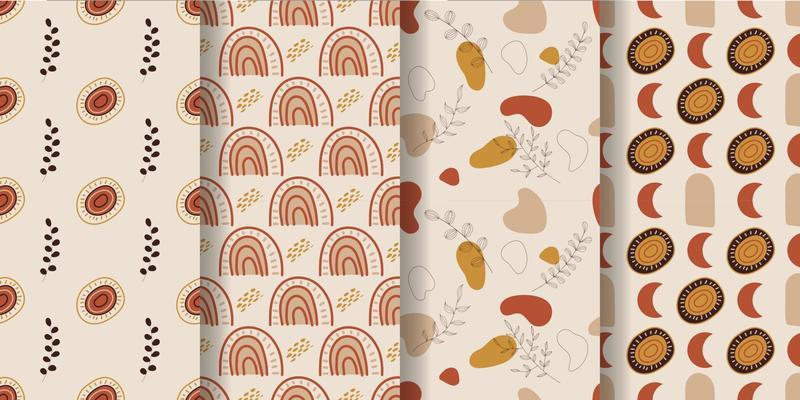 Aesthetic patterns. Boho patterns. Set of seamless pattern with  rainbows, moon, sun, leaves, dots and abstract shapes in boho and aesthetic style. Vector Illustration.