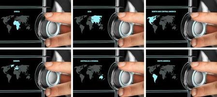 el hombre elige uno de los continentes en el mapa mundial foto