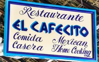 Puerto Escondido Mexico Oaxaca Mexican 2022 Blue white sign restaurant name El Cafecito Puerto Escondido Mexico. photo