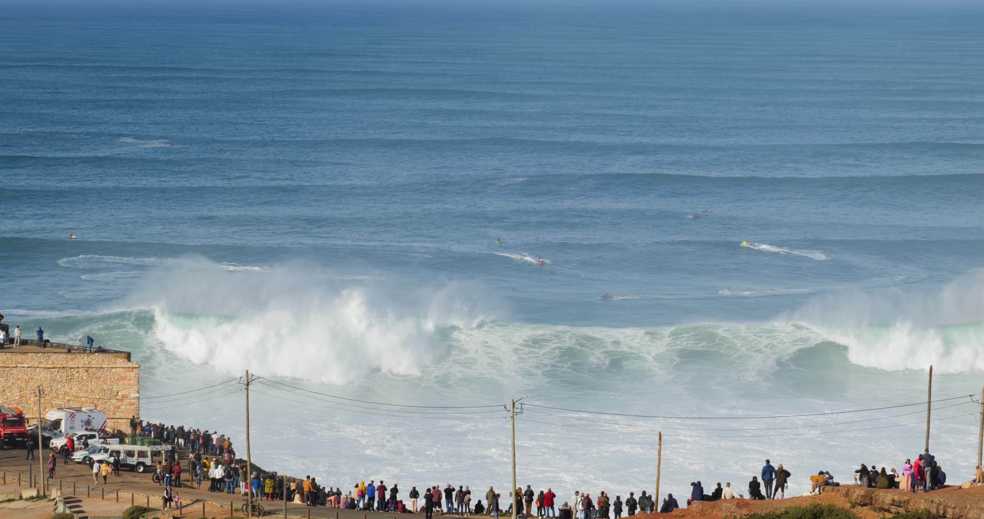 Nazare, Portugal November 7, 2022 People watching the big giant waves