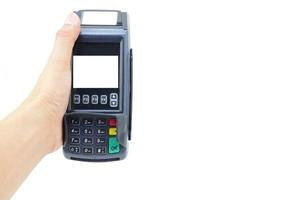 Payment terminal with a white screen. Payment device isolated on white background. E-commerce and business photo