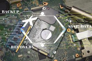Image of hard disk, RAM, and motherboard viewed from above. photo