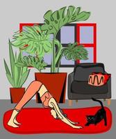International Yoga day vector. Meditation Practice Yoga Colorful Fitness Concept. a girl in a Downward facing dog , meditates with a cat in a room with plants on a yoga mat vector