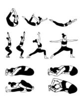 Big set of yoga poses vector Black Icons Isolated on White Background. Silhouettes of woman doing yoga and fitness exercises. Vector icons of flexible girl stretching her body in different poses.