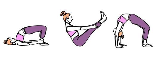 colección de iconos de poses de yoga aislado sobre fondo blanco. siluetas de mujer haciendo ejercicios de yoga y fitness. iconos vectoriales de chica flexible estirando y relajando su cuerpo en diferentes poses. vector