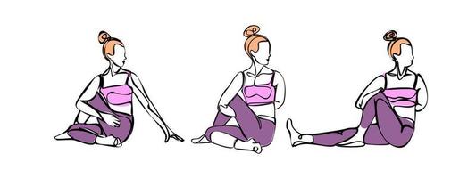 colección de iconos de poses de yoga aislado sobre fondo blanco. siluetas de mujer haciendo ejercicios de yoga y fitness. iconos vectoriales de chica flexible estirando y relajando su cuerpo en diferentes poses.