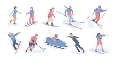 Winter sport set. Collection of winter sportsmen. Winter outdoor activity. Skier, ice skater, biathlete, snowboarder. Winter sport competition. Flat cartoon vector illustration.