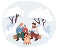 familia sentada junto al fuego afuera. padre, madre, hijo pasando tiempo al aire libre en invierno. actividad de invierno. calentamiento en tiempo frío. ilustración vectorial de dibujos animados plana. vector