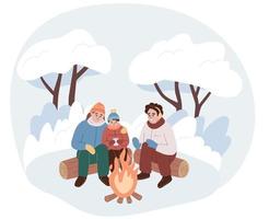 Family sitting by the fire outside. Father, mother, child spending time outdoors in winter. Winter activity. Warming in cold weather. Flat cartoon vector illustration.