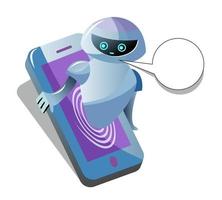 Cute chat bot with a smartphone isolated. Greeting and helping robot. Technical support artificial intelligence. Online messengers assistant on sites. vector
