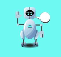 Cute chat bot with a dialogue bubble isolated. Greeting and helping robot. Virtual support artificial intelligence. Online messengers assistant on sites. Voice support service.