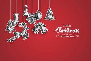 Merry Christmas and Happy New Year. Christmas background with drawing sketch and paper cut design. vector