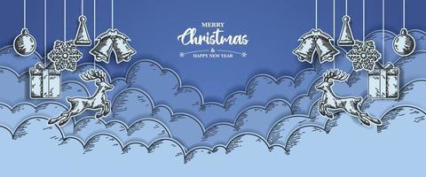 Christmas banner with drawing sketch and paper cut design. vector