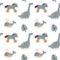 Seamless pattern horse dinosaur whale. Baby Shower Scandinavian pastel wallpaper. Textile fabric design for kids. Flat bohemian vector neutral background paper
