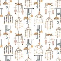 Seamless Pattern Lullaby Mobile. Baby Shower Scandinavian pastel wallpaper. Textile fabric design for kids. Flat bohemian vector neutral background paper