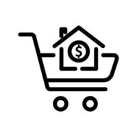 ilustración de icono de línea de trolley con casa y dólar. adecuado para el icono de la casa de compra. icono relacionado con bienes raíces. diseño vectorial simple editable. píxel perfecto a 32 x 32 vector