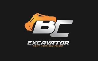 BC logo excavator for construction company. Heavy equipment template vector illustration for your brand.