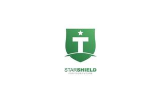 T logo shield for branding company. security template vector illustration for your brand.