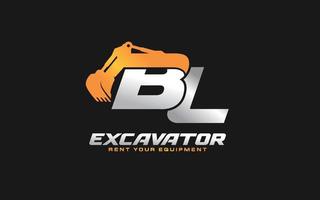 BL logo excavator for construction company. Heavy equipment template vector illustration for your brand.