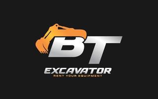 Excavadora con logotipo bt para empresa constructora. ilustración de vector de plantilla de equipo pesado para su marca.