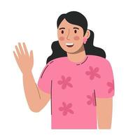 The woman smiles and waves her hand. Vector illustration is flat isolated on a white background.