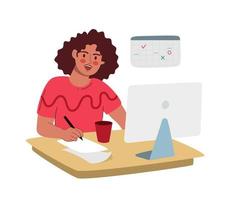 una mujer está trabajando en una computadora. trabajar en la oficina ya distancia. la ilustración vectorial es plana aislada en un fondo blanco. vector