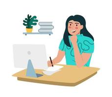 una mujer está trabajando en una computadora. trabajar en la oficina ya distancia. la ilustración vectorial es plana aislada en un fondo blanco. vector