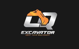 CQ logo excavator for construction company. Heavy equipment template vector illustration for your brand.