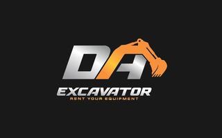 DA logo excavator for construction company. Heavy equipment template vector illustration for your brand.