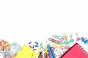 School and office supplies on white background photo