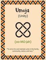 A card with one of the Kwanzaa principles. Symbol Umoja means Unity in Swahili. Poster with sign and description. Ethnic African pattern in traditional colors. Vector illustration