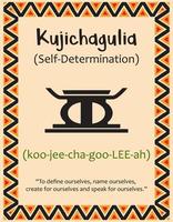 A card with one of the Kwanzaa principles. Symbol Kujichagulia means Self-determination in Swahili. Poster with sign and description. Ethnic African pattern in traditional colors. Vector illustration