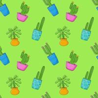 Seamless pattern with different cactus, succulent plant in bright flower pot. Cartoon Cacti. Hand drawing background with houseplants. Vector illustration on green background