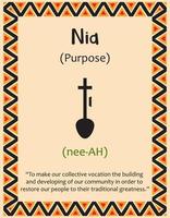 A card with one of the Kwanzaa principles. Symbol Nia means Purpose in Swahili. Poster with sign and description. Ethnic African pattern in traditional colors. Vector illustration