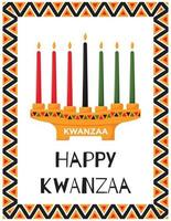 Happy Kwanzaa. Greeting card with traditional candle holder - Kinara with 7 candles, symbolizing principles of Kwanzaa. Frame with African triangle patterns. Color vector illustration on white