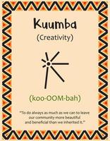 A card with one of the Kwanzaa principles. Symbol Kuumba means Creativity in Swahili. Poster with sign and description. Ethnic African pattern in traditional colors. Vector illustration