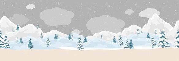 escena invernal de patrones sin fisuras en el pueblo, patrón panorámico amplio vectorial linda naturaleza rural, montañas con nieve en el bosque de pinos en invierno para la pancarta navideña, fondo de pantalla vector