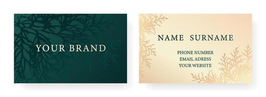 Adobe Illustrator Artwork. Luxury Corporate Holiday cards with Christmas tree. Cover design set with branches branch. Holiday black and gold pattern for vector floral wedding party card.