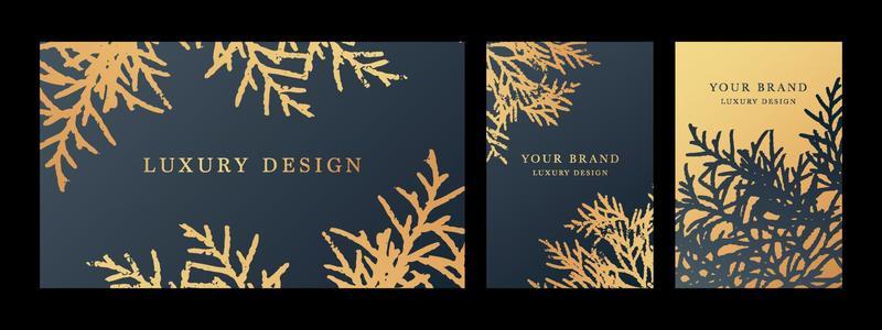 Texture. Luxury Corporate Holiday cards with Christmas tree. Cover design set with branchs branch. Holiday black and gold pattern for vector floral wedding party card, luxury menu template