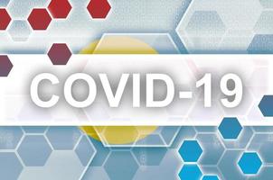 Palau flag and futuristic digital abstract composition with Covid-19 inscription. Coronavirus outbreak concept photo