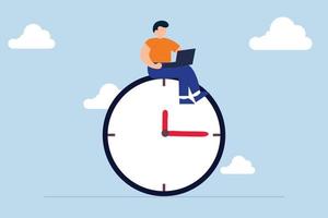 After hours worker, confident businessman using computer laptop sitting on clock working at night with colleague in other country vector