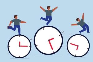 Time management, work schedule and deadline. businessmen riding rolling clock face with confidence skillful man in the middle success manage to reach target vector