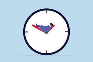 Work life balance, tired businessman sleeping on hour hand vector