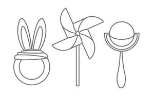 Vector set with baby Rattle, Pinwheel and Teething Toy. Illustration of Teether and Whirligig in outline style. Sketch of baby elements in black colors on isolated background for newborn shower