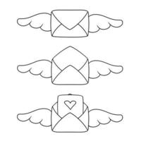 Monochrome icon set, simple vintage envelope with wings and hearts, declaration of love, vector illustration in cartoon style