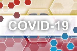 Ecuador flag and futuristic digital abstract composition with Covid-19 inscription. Coronavirus outbreak concept photo