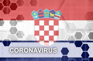 Croatia flag and futuristic digital abstract composition with Coronavirus inscription. Covid-19 outbreak concept photo