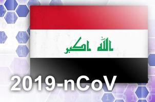 bandera de irak y composición abstracta digital futurista con inscripción 2019-ncov. concepto de brote de covid-19 foto